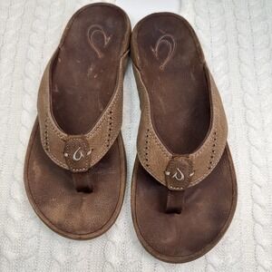 Olukai Sandals Mens Sz 9 EUR 42  Flip Flops Brown Leather Slip-On 10239-SK8K EUC